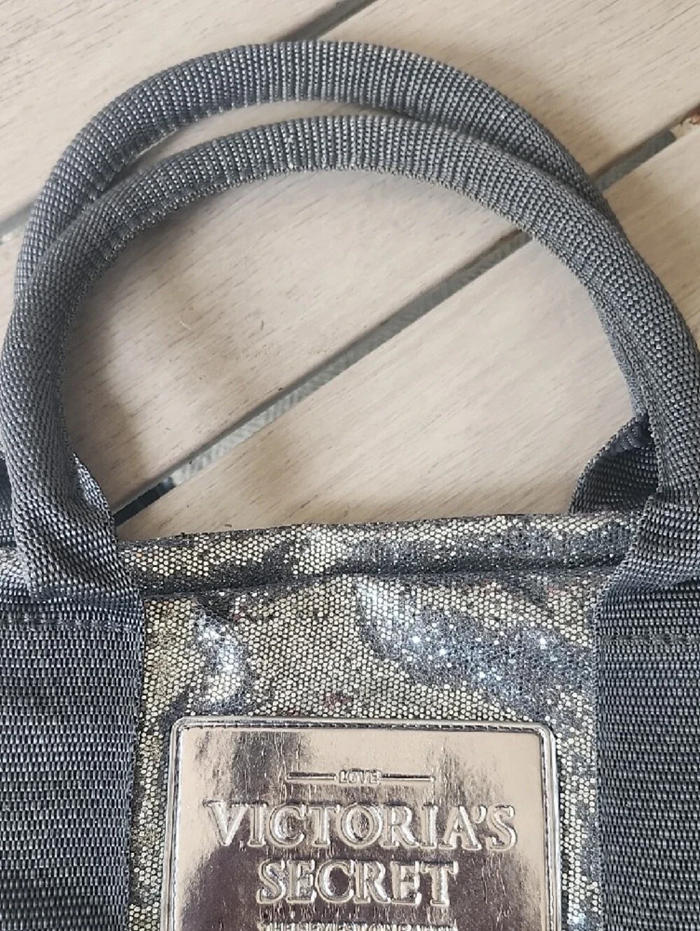 Victoria's Secret Silver Sequin Cosmetic Tote with Black Straps